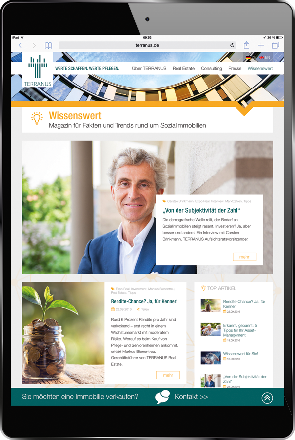 Tablet mit Online-Magazin „Wissenswert“ von TERRANUS, dem führenden Partner von Investoren und Betreibern für Sozialimmobilien in Deutschland.